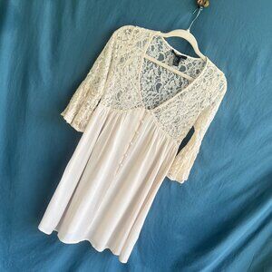 Forever21 V-neck Cream colored long-sleeved, laced chiffon mini dress. Small